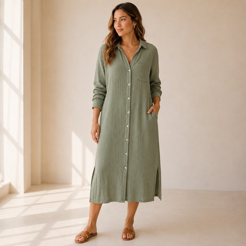 Caslon Cotton Gauze Button Front Midi Shirt Dress Sage Green Medium Casual